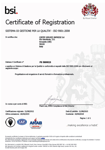 Certificato ISO 9001:2015 Cieffe Servizi Imprese